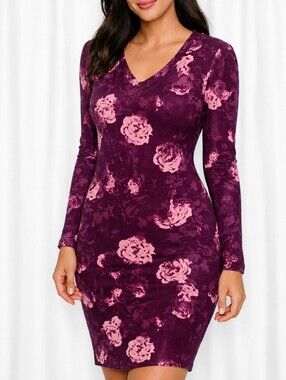 👚LuLaRoe Purple & Pink Floral Bodycon Dress | Long Sleeve | Soft Stretch Femini